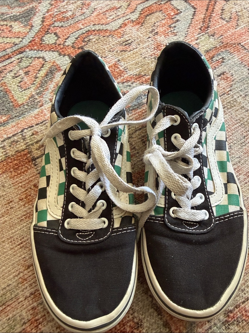 Vans Kids Checkerboard Sneakers in Black, White & Green